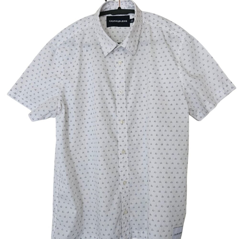Calvin Klein Jeans Button Up White CK Print Short Sleeve Jean Shirt size L
